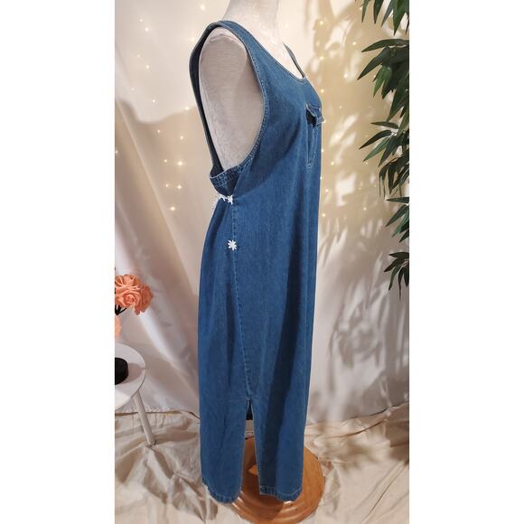 Vtg 90s Bill Blass Denim Daisy Tieback Maxi Overall Dress Size L Cottage Modest - Picture 4 of 10
